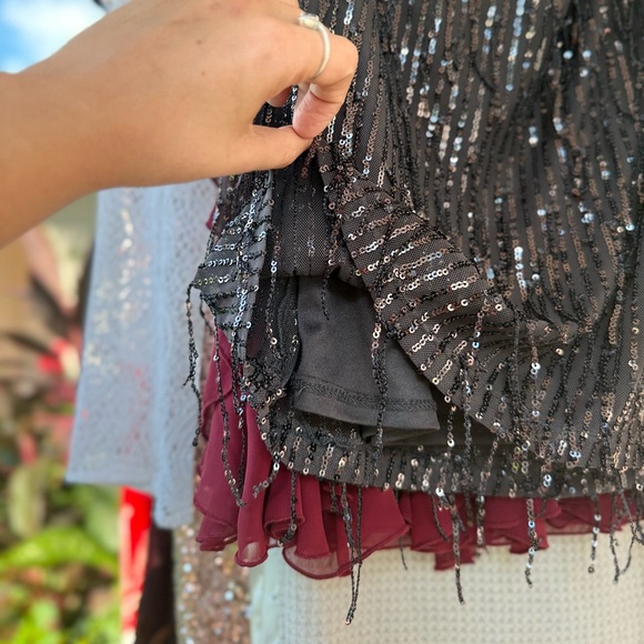 Sequin Fringe Charcoal Strapless Mini Dress (Size S) - Picture 8 of 16